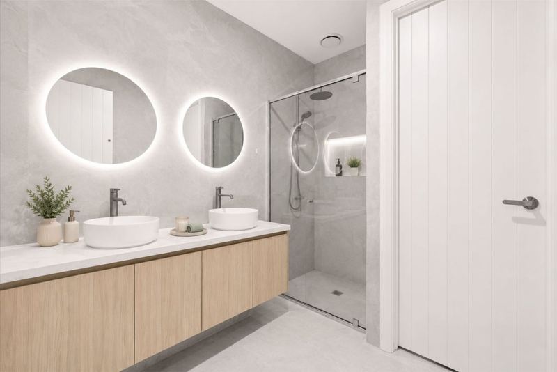 Ensuite with double vanity, LED-lit mirrors and walk-in shower