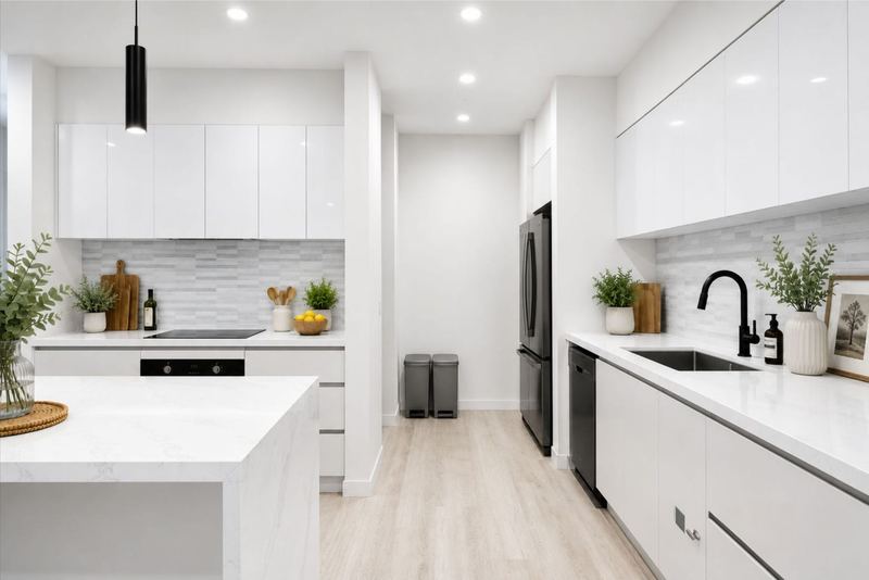 Kitchen with stone benchtops, fridge space and walk-in pantry