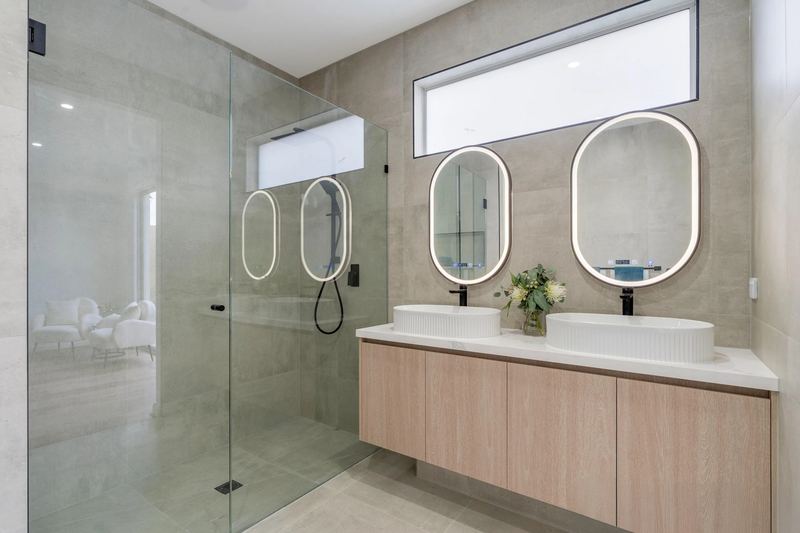 Ensuite with frameless shower and double vanity